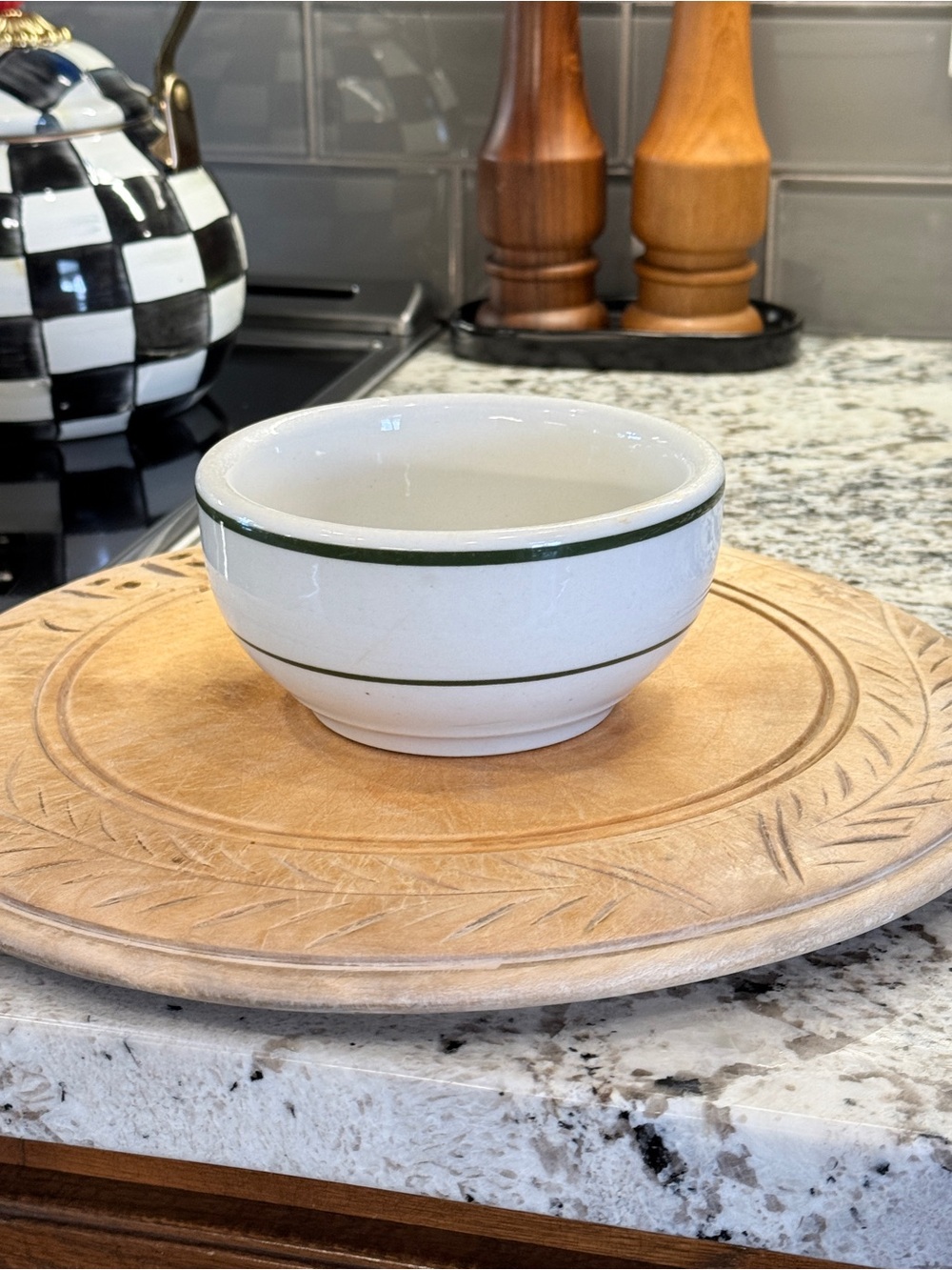 Vintage Thick Chunky White Restaurant Stoneware Bowl with Green Rim - Picture 5 of 16